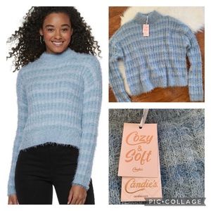 NWT•Candie's Cozy & Soft Mock Neck Pullover Crop Sweater in Blue Stripe-Size L